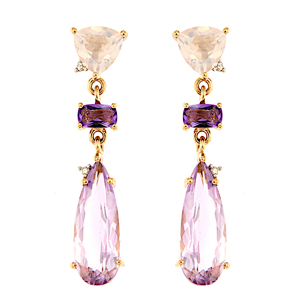 Kõrvarõngad kuld, ametüst, roosa kvarts, teemant